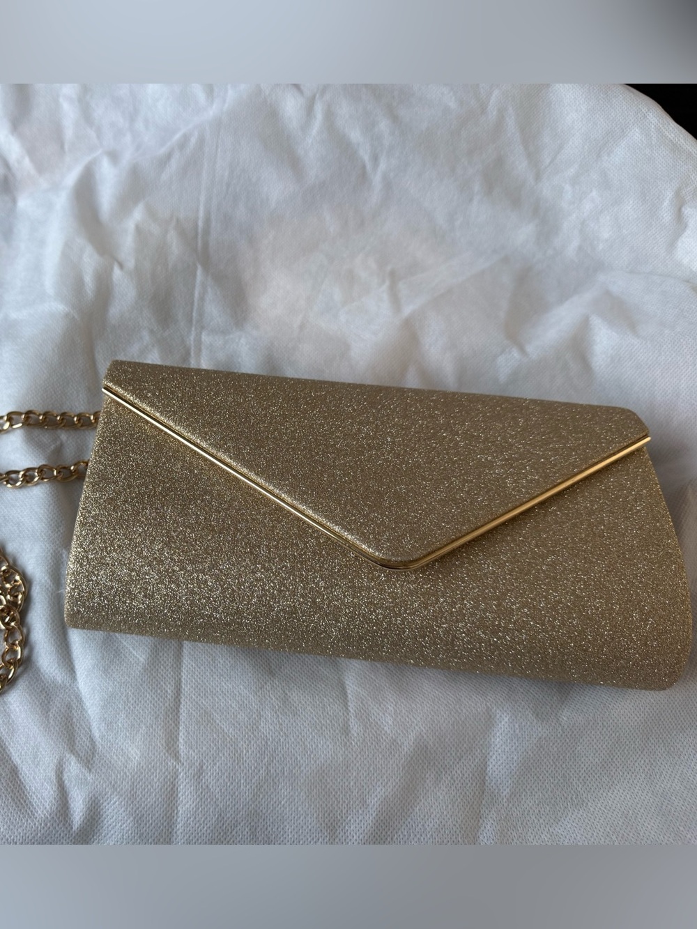 Gold Glitter Envelope Clutch with Chain Strap